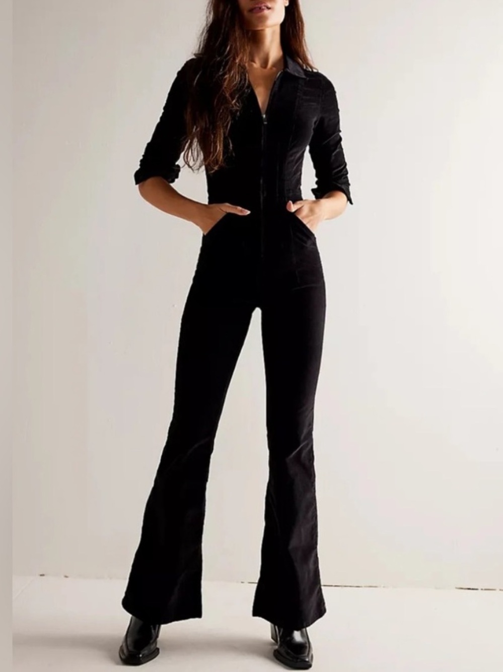 NWT Free People “Jayde” Corduroy Long-Sleeve Flare Jumpsuit Black Size S